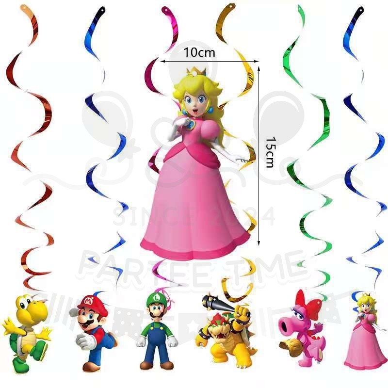 ParteeTime Kids Mario Birthday Theme Decorations Party Balloon Banners Hang Swirls Backdrop Tablecloth Cake Topper
