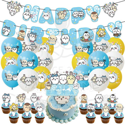 ParteeTime Kids Birthday Party Celebration Decoration Set Chiikawa 4 in 1 Banner Balloon Cake Cupcake Topper