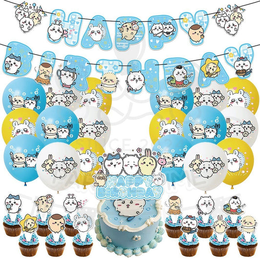 ParteeTime Kids Birthday Party Celebration Decoration Set Chiikawa 4 in 1 Banner Balloon Cake Cupcake Topper