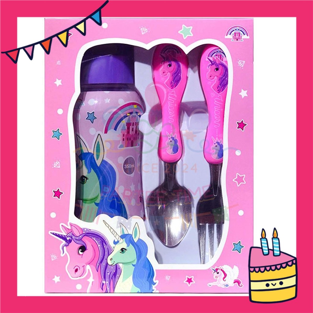 ParteeTime Kids Gifts Box Set Cute Cartoon Stainless Steel Spoon Fork Tableware Set With Water Bottle BPA FREE 350ml