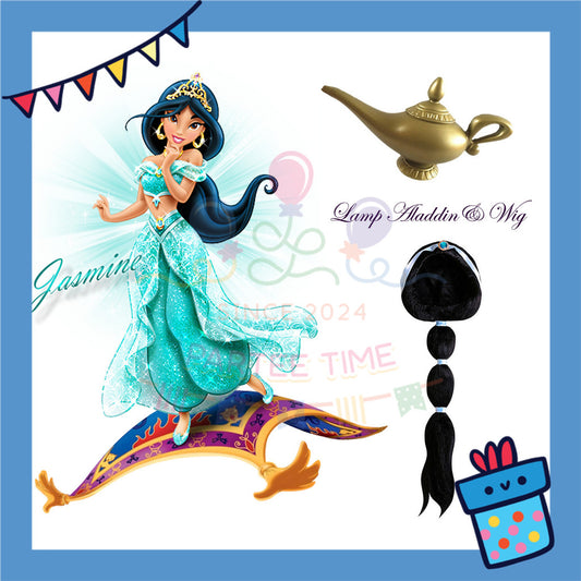 ParteeTime Kids Girl Princess Jasmine Set Top And Pants With Necklace Headband Wig Cosplay Costumes Fancy