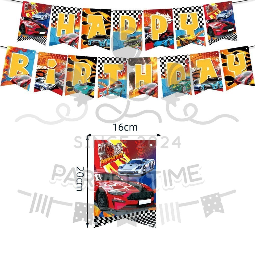 ParteeTime Kids Hot Wheels Birthday Theme Decorations Party Balloon Banners Hang Swirls Backdrop Tablecloth Cake Topper
