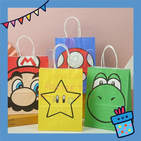 ParteeTime Birthday Kids 1pcs Mario Party Favor Gift Bags with Handle Paper Bag Doorgift Packaging Goodies Bag Gift Beg
