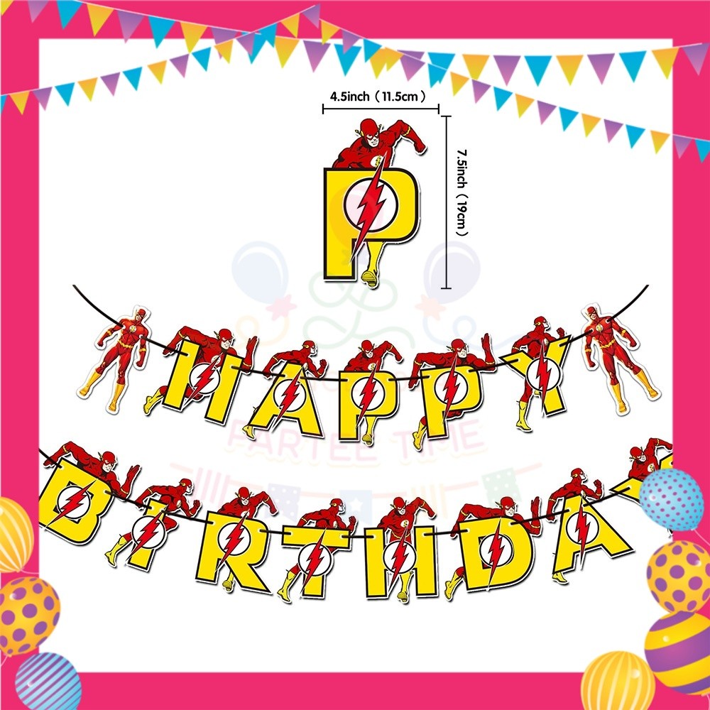 ParteeTime Kids Birthday Party Celebration Decoration Set Flash 4 in 1 Banner Balloon Cake Cupcake Topper