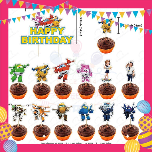 ParteeTime Kids Birthday Party Celebration Decoration Set Cartoon Super 4 in 1 Banner Balloon Cake Cupcake Topper