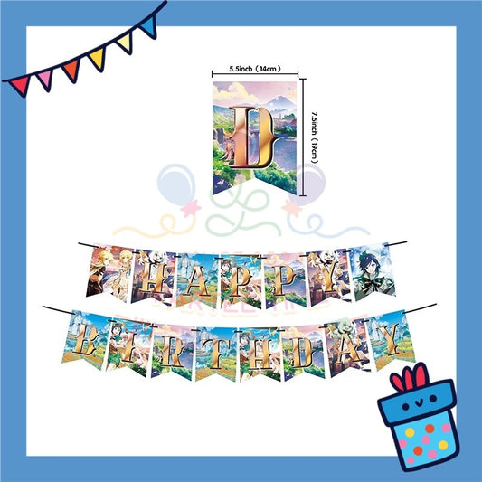 ParteeTime Kids Birthday Party Celebration Decoration Set Genshin 4 in 1 Banner Balloon Cake Cupcake Topper Hari Jadi