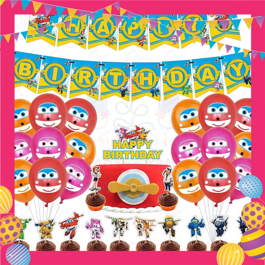 ParteeTime Kids Birthday Party Celebration Decoration Set Cartoon Super 4 in 1 Banner Balloon Cake Cupcake Topper