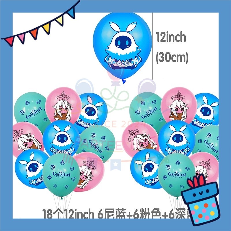 ParteeTime Kids Birthday Party Celebration Decoration Set Genshin 4 in 1 Banner Balloon Cake Cupcake Topper Hari Jadi
