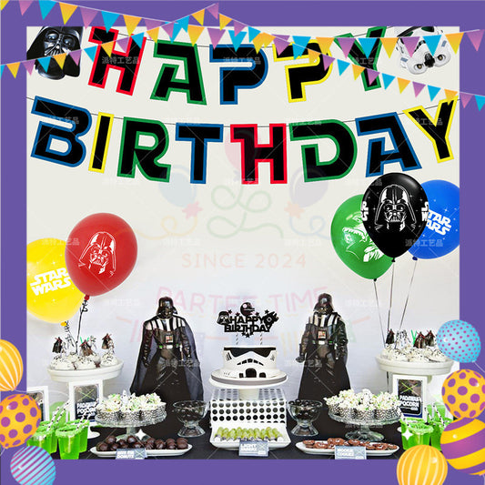 ParteeTime Kids Birthday Party Celebration Decoration Set Star War 4 in 1 Banner Balloon Cake Cupcake Topper
