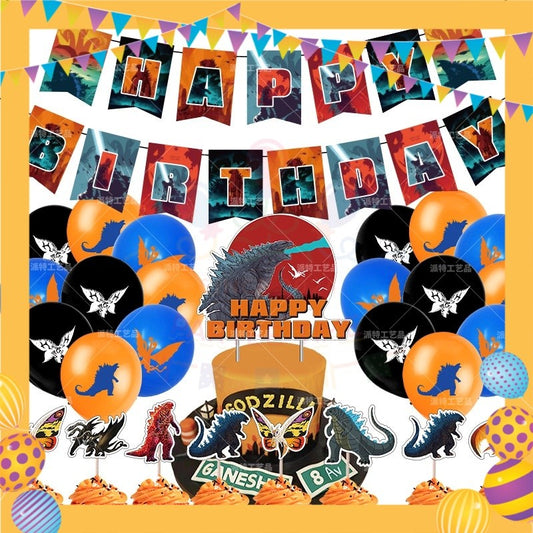 ParteeTime Kids Birthday Party Celebration Decoration Set Godzilla 4 in 1 Banner Balloon Cake Cupcake Topper