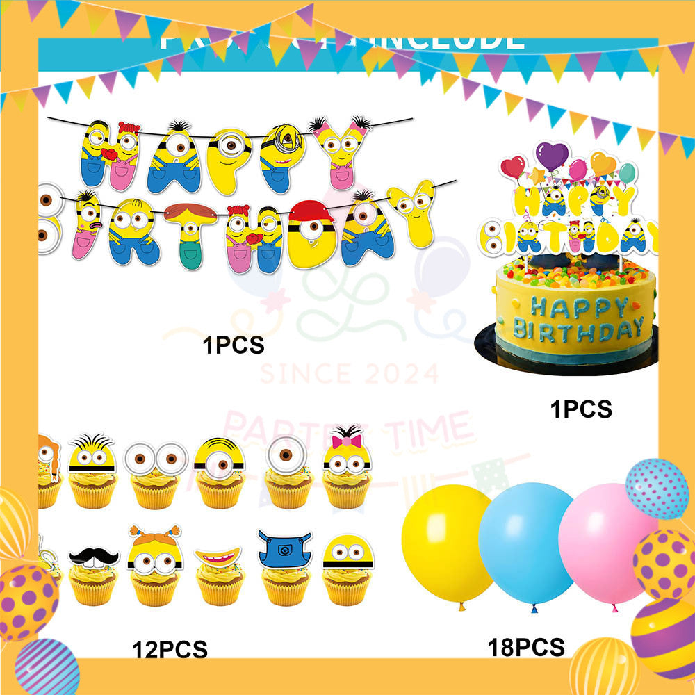 ParteeTime Kids Birthday Party Celebration Decoration Set Minion 4 in 1 Banner Balloon Cake Cupcake Topper Paper Bag
