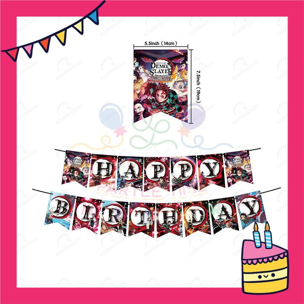 ParteeTime Kids Birthday Party Celebration Decoration Set Demon Slayer 4 in 1 Banner Balloon Cupcake Topper Hari Jadi