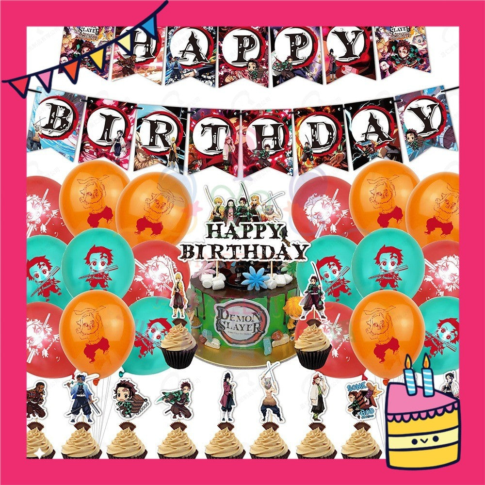 ParteeTime Kids Birthday Party Celebration Decoration Set Demon Slayer 4 in 1 Banner Balloon Cupcake Topper Hari Jadi