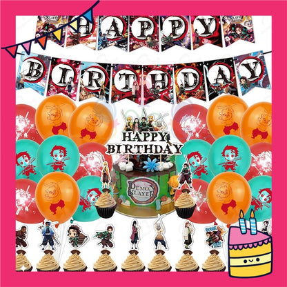 ParteeTime Kids Birthday Party Celebration Decoration Set Demon Slayer 4 in 1 Banner Balloon Cupcake Topper Hari Jadi