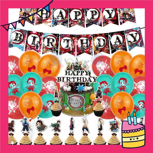 ParteeTime Kids Birthday Party Celebration Decoration Set Demon Slayer 4 in 1 Banner Balloon Cupcake Topper Hari Jadi