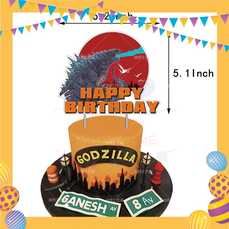 ParteeTime Kids Birthday Party Celebration Decoration Set Godzilla 4 in 1 Banner Balloon Cake Cupcake Topper