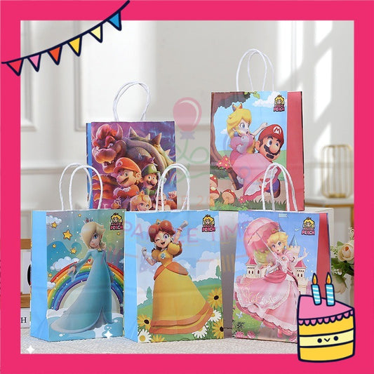 ParteeTime Kids Birthday 1pcs Mario Princess Peach Gift Bags with Handle Paper Bag Packaging Beg Goodies Murah Hari Jadi