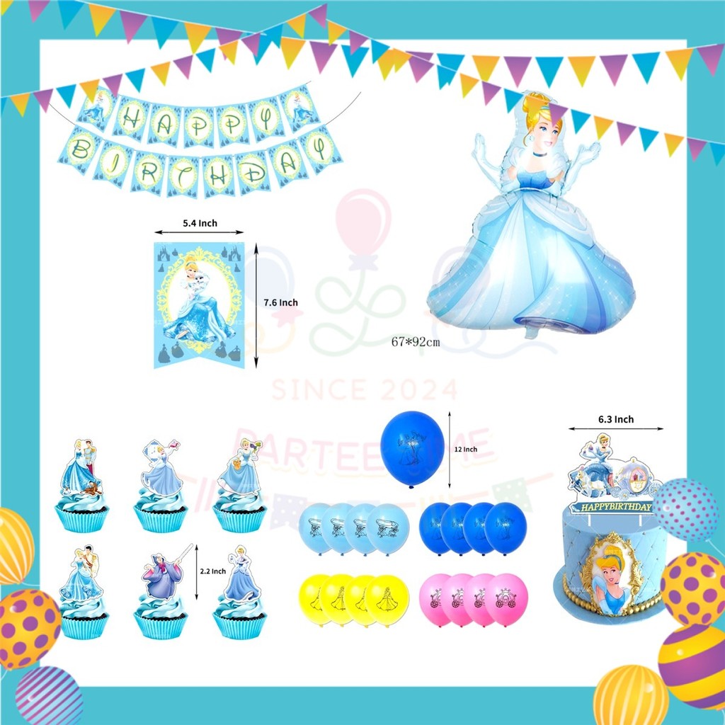 ParteeTime Kids Birthday Party Celebration Decoration Set Cinderella 4 in 1 Majlis Sambutan Hari Jadi Kanak-Kanak