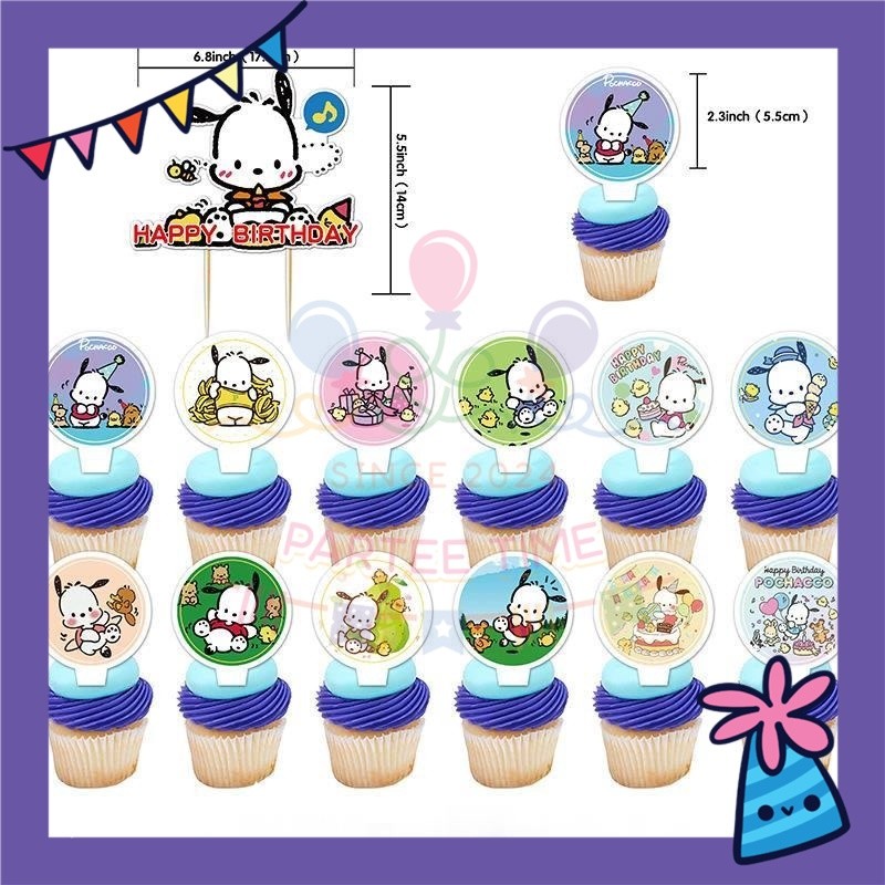 ParteeTime Kids Birthday Party Celebration Decoration Set Pochacho 4 in 1 Banner Balloon Cake Cupcake Topper Hari Jadi