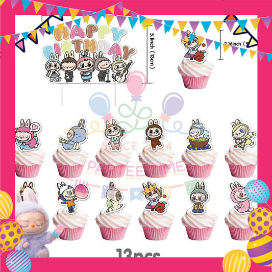 ParteeTime Kids Birthday Party Celebration Decoration Set Labubu 4 in 1 Banner Balloon Cake Cupcake Topper