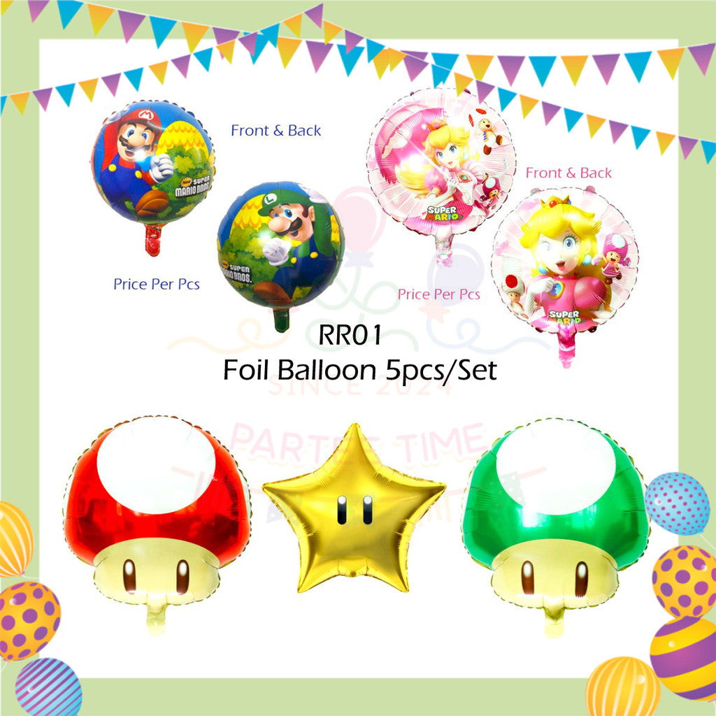 ParteeTime Kids Birthday Party Celebration Decoration Set Mario 4 in 1 Banner Cake Cupcake Topper Foil Balloon Hari Jadi
