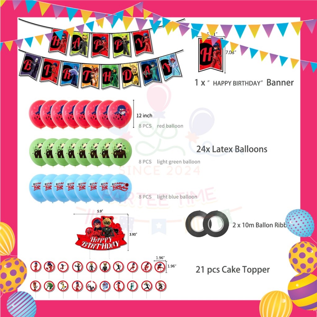 ParteeTime Kids Birthday Party Celebration Balloon Caketopper Banner Set Red Girl Costume Sambutan Parti Hari Jadi