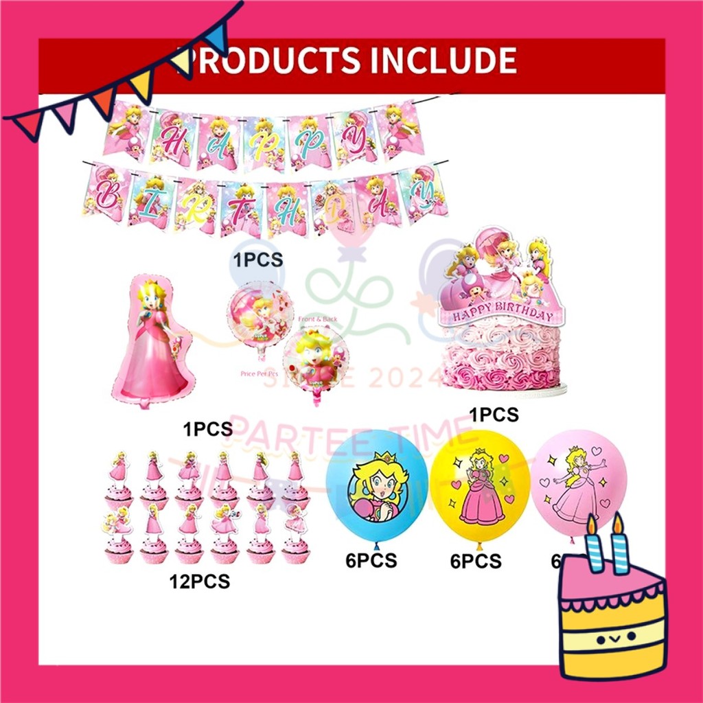 ParteeTime Kids Birthday Party Celebration Decoration Set Princess Peach 4 in 1 Majlis Sambutan Hari Jadi Kanak-Kanak