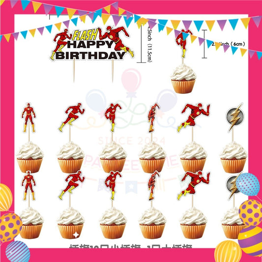 ParteeTime Kids Birthday Party Celebration Decoration Set Flash 4 in 1 Banner Balloon Cake Cupcake Topper