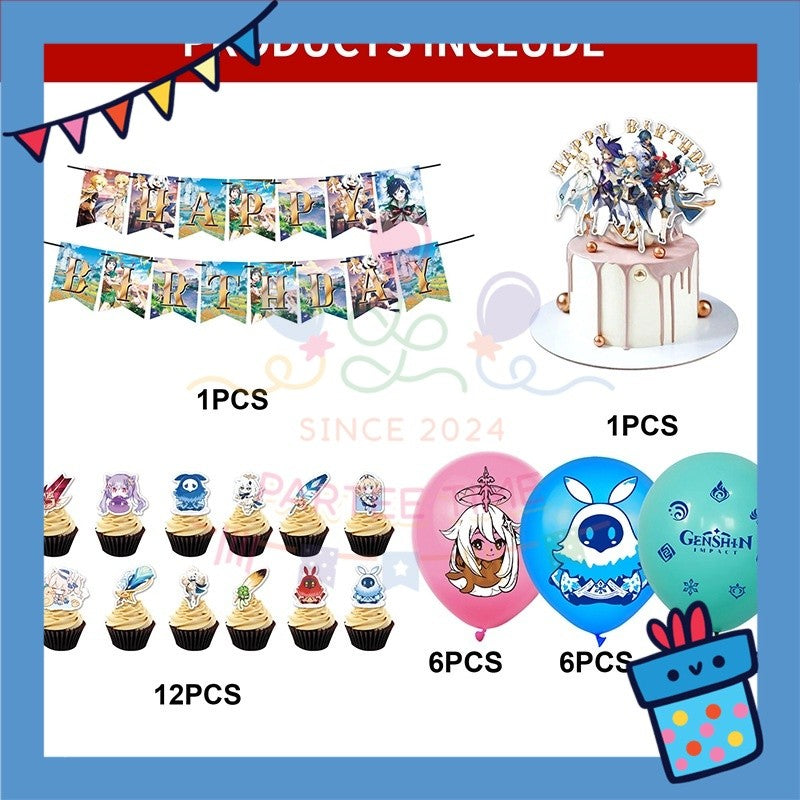ParteeTime Kids Birthday Party Celebration Decoration Set Genshin 4 in 1 Banner Balloon Cake Cupcake Topper Hari Jadi
