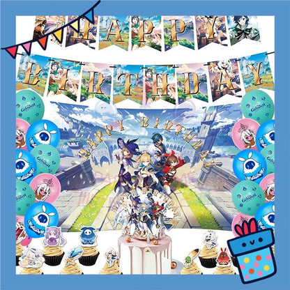 ParteeTime Kids Birthday Party Celebration Decoration Set Genshin 4 in 1 Banner Balloon Cake Cupcake Topper Hari Jadi