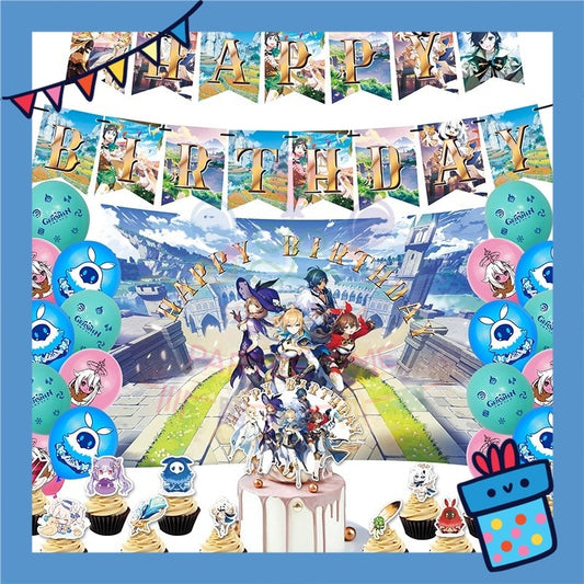 ParteeTime Kids Birthday Party Celebration Decoration Set Genshin 4 in 1 Banner Balloon Cake Cupcake Topper Hari Jadi