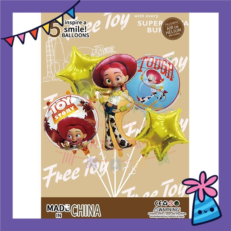 ParteeTime Kids Toy Story Woody Jessie Birthday Party Decoration 5pcs Set Foil Balloon Set Belon Hari Jadi Kanak-Kanak