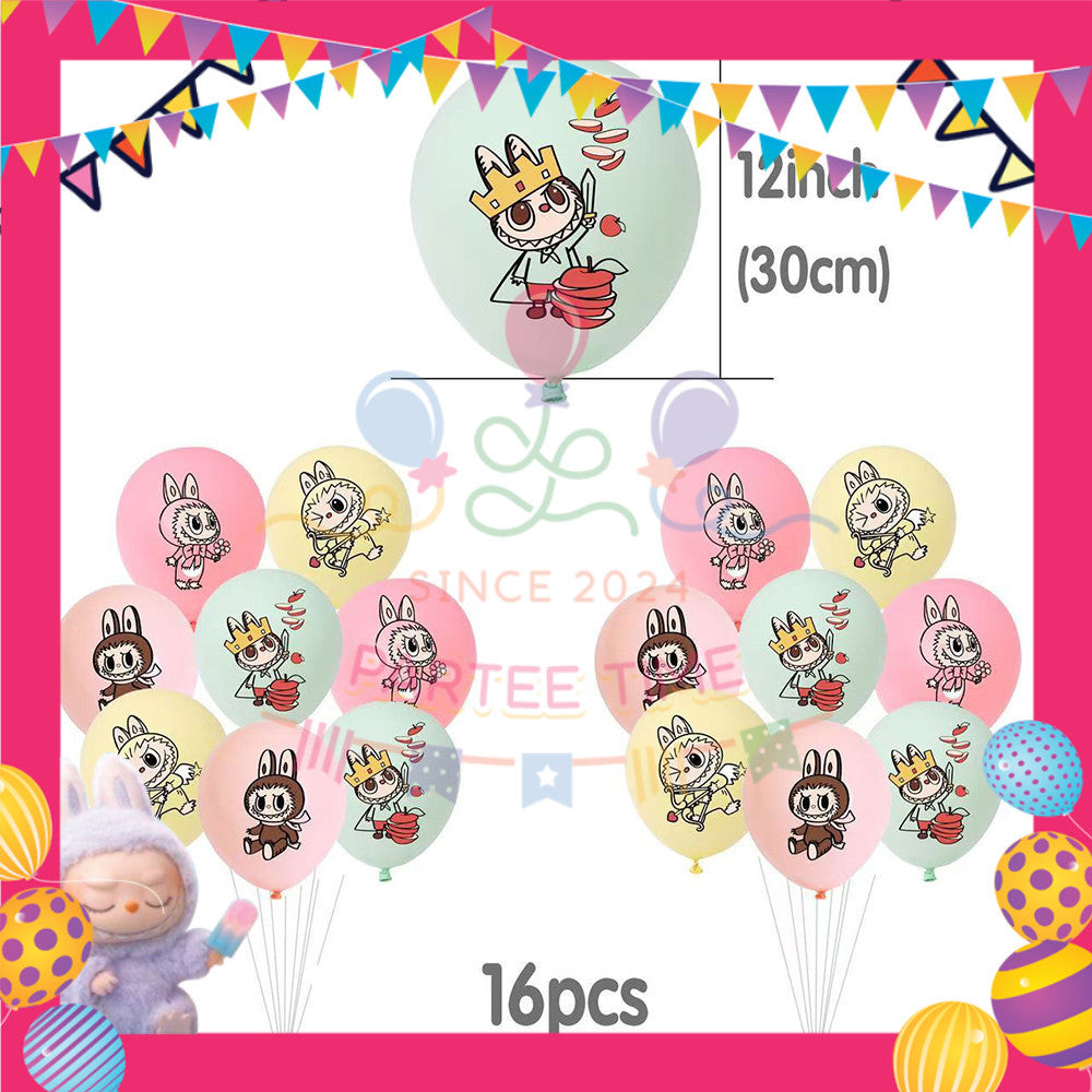 ParteeTime Kids Birthday Party Celebration Decoration Set Labubu 4 in 1 Banner Balloon Cake Cupcake Topper
