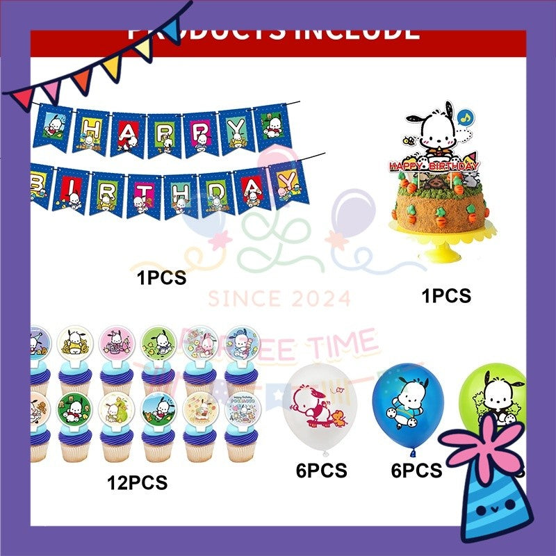 ParteeTime Kids Birthday Party Celebration Decoration Set Pochacho 4 in 1 Banner Balloon Cake Cupcake Topper Hari Jadi