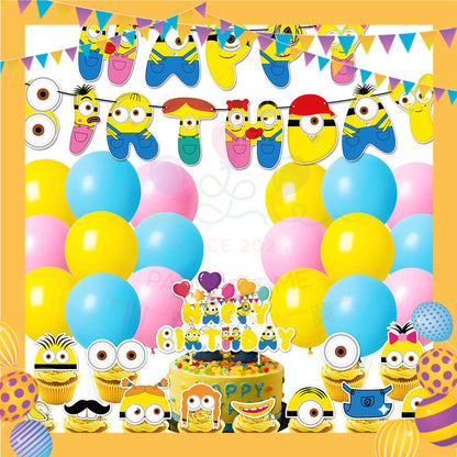 ParteeTime Kids Birthday Party Celebration Decoration Set Minion 4 in 1 Banner Balloon Cake Cupcake Topper Paper Bag