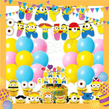 ParteeTime Kids Birthday Party Celebration Decoration Set Minion 4 in 1 Banner Balloon Cake Cupcake Topper Paper Bag