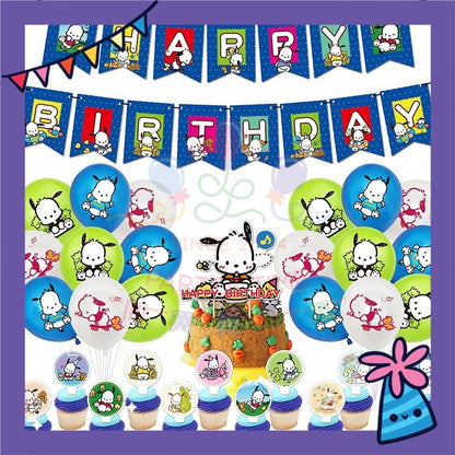 ParteeTime Kids Birthday Party Celebration Decoration Set Pochacho 4 in 1 Banner Balloon Cake Cupcake Topper Hari Jadi