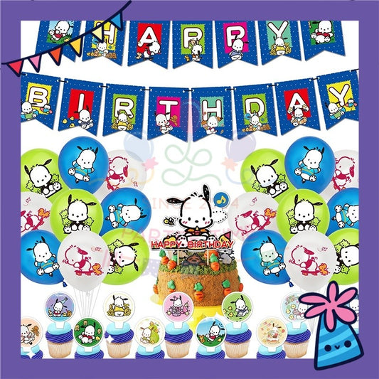 ParteeTime Kids Birthday Party Celebration Decoration Set Pochacho 4 in 1 Banner Balloon Cake Cupcake Topper Hari Jadi