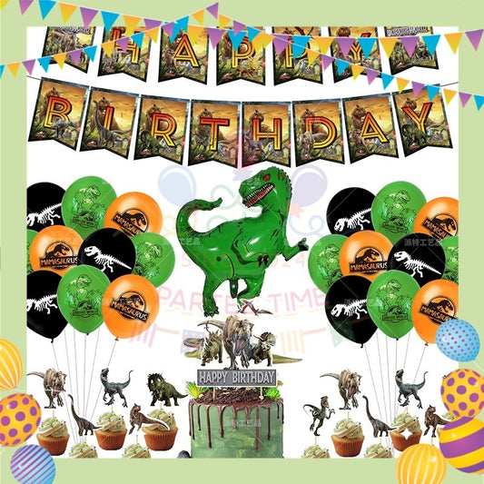 ParteeTime Kids Birthday Party Celebration Decoration Set Jurassic World 4 in 1 Banner Balloon Cake Cupcake Topper