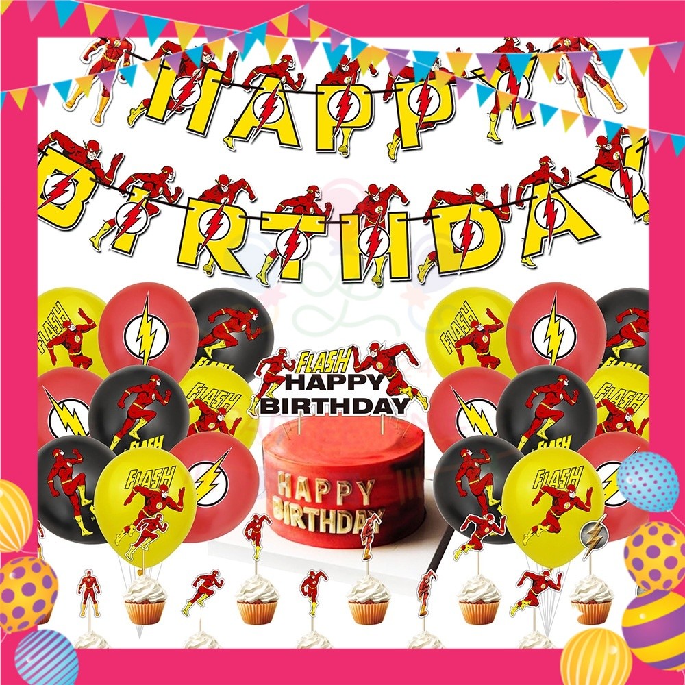 ParteeTime Kids Birthday Party Celebration Decoration Set Flash 4 in 1 Banner Balloon Cake Cupcake Topper