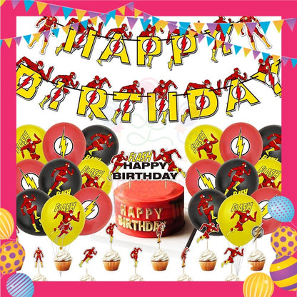 ParteeTime Kids Birthday Party Celebration Decoration Set Flash 4 in 1 Banner Balloon Cake Cupcake Topper