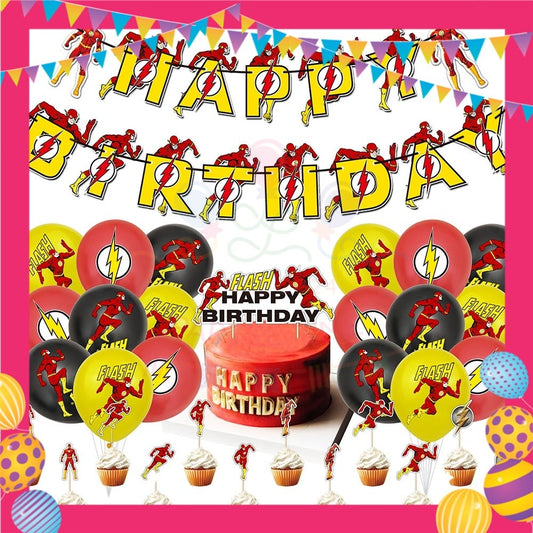 ParteeTime Kids Birthday Party Celebration Decoration Set Flash 4 in 1 Banner Balloon Cake Cupcake Topper