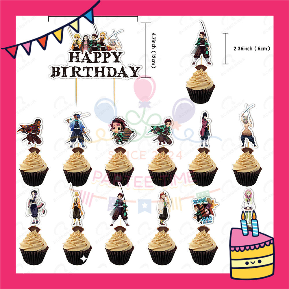 ParteeTime Kids Birthday Party Celebration Decoration Set Demon Slayer 4 in 1 Banner Balloon Cupcake Topper Hari Jadi