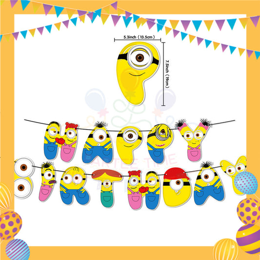 ParteeTime Kids Birthday Party Celebration Decoration Set Minion 4 in 1 Banner Balloon Cake Cupcake Topper Paper Bag