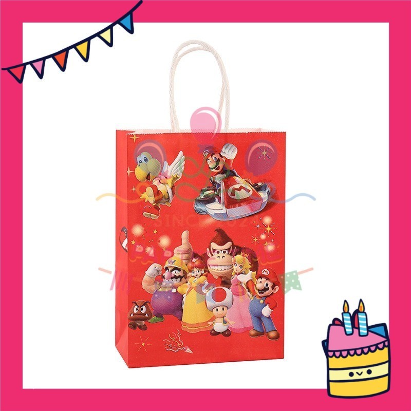 ParteeTime Birthday Kids 1pcs Mario Party Favor Gift Bags with Handle Paper Bag Doorgift Packaging Goodies Bag Gift Beg