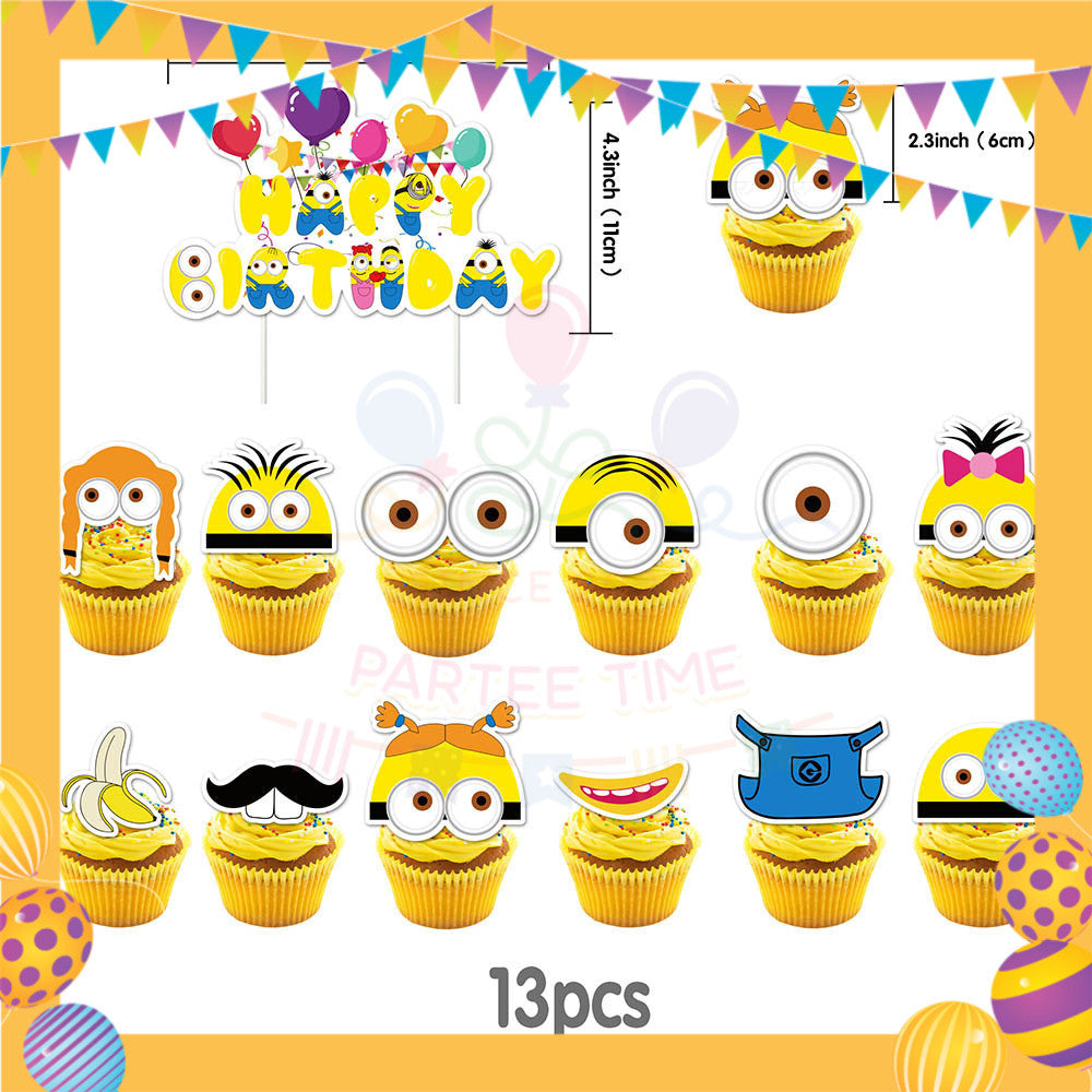 ParteeTime Kids Birthday Party Celebration Decoration Set Minion 4 in 1 Banner Balloon Cake Cupcake Topper Paper Bag