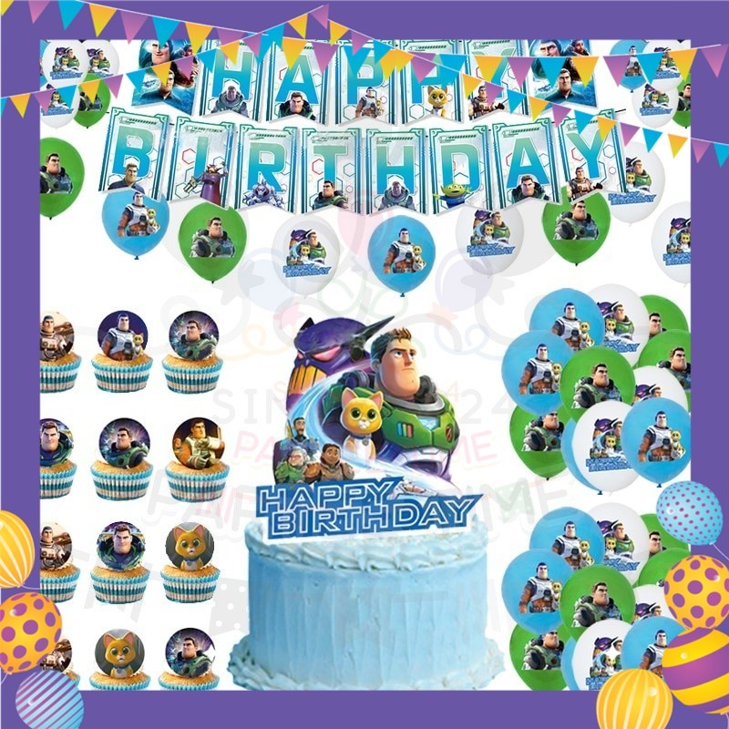 ParteeTime Kid Birthday Party Celebration Decoration Set Buzz 4 in 1 Banner Balloon Cake Cupcake Topper Majlis Hari Jadi