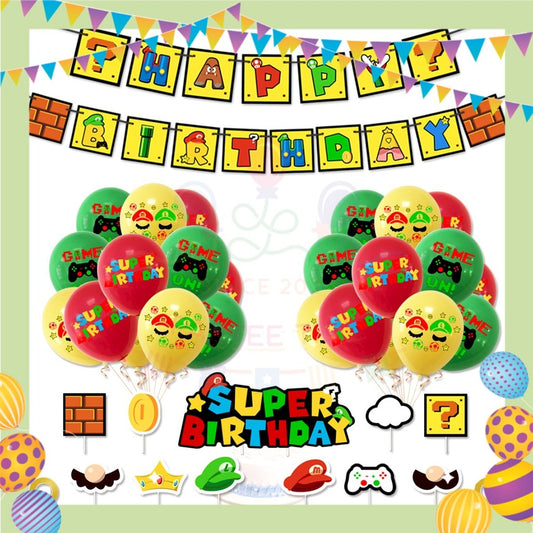 ParteeTime Kids Birthday Party Celebration Decoration Set Mario 4 in 1 Banner Cake Cupcake Topper Foil Balloon Hari Jadi