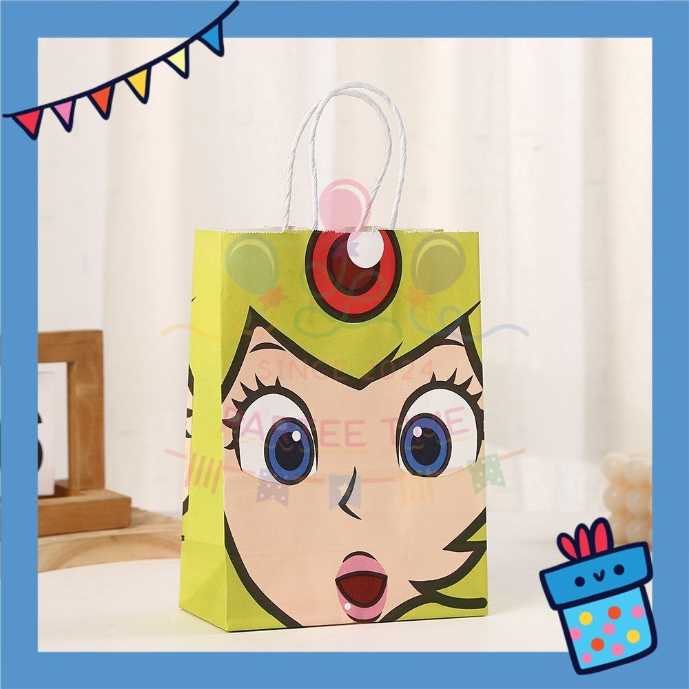 ParteeTime Kids Birthday 1pcs Mario Princess Peach Gift Bags with Handle Paper Bag Packaging Beg Goodies Murah Hari Jadi