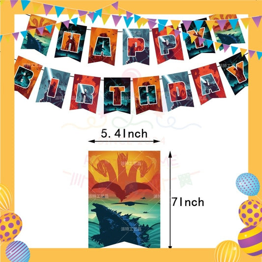 ParteeTime Kids Birthday Party Celebration Decoration Set Godzilla 4 in 1 Banner Balloon Cake Cupcake Topper